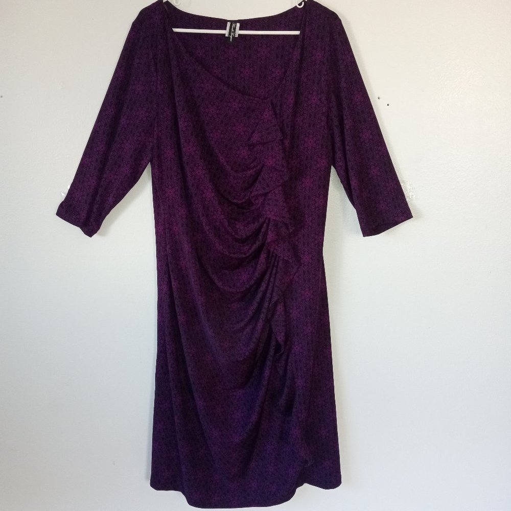 MARCELLE MARGUAX Sz 2X Purple/Black Knit Ruched Dress 3/4 Sleeves